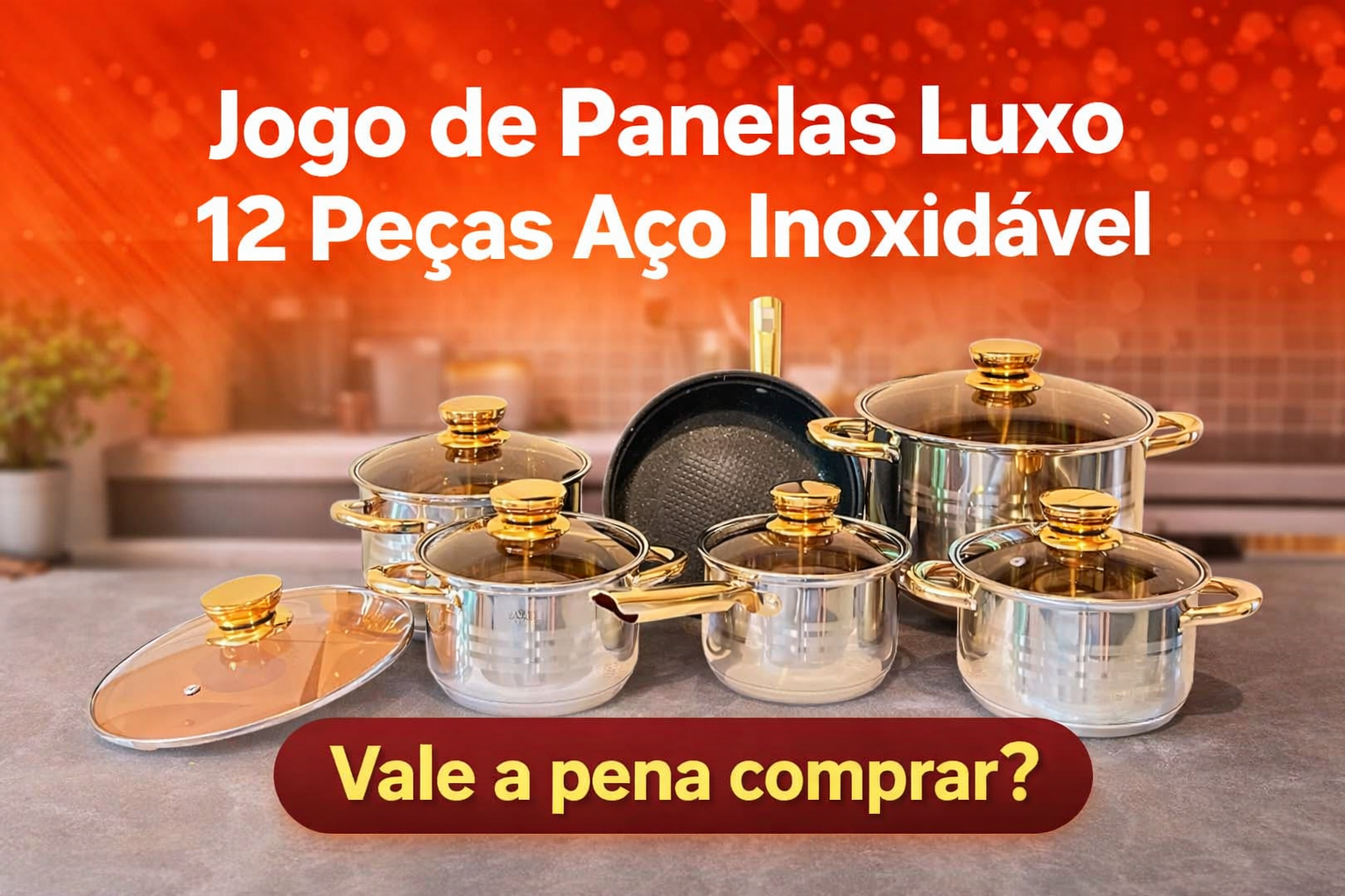 Jogo de panelas luxo 12 peças em aço inoxidável com acabamento dourado e tampas de vidro, ideal para quem busca durabilidade e elegância na cozinha. Conjunto completo de panelas inox de alta qualidade, perfeito para quem procura o melhor jogo de panelas luxo 12 peças para uso diário.